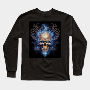 Skull on Blue Fire: Baroque Vintage Ornament Background Long Sleeve T-Shirt